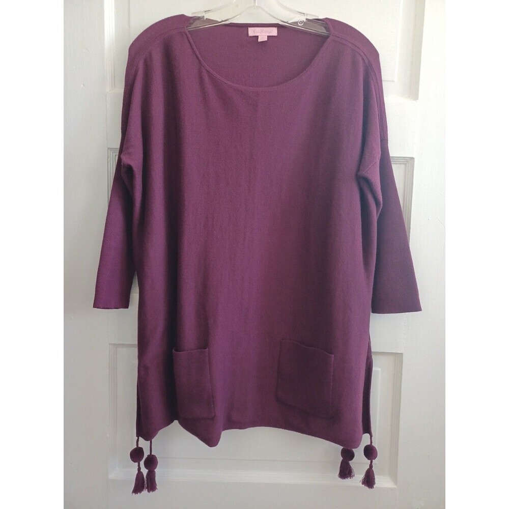 Lilly Pulitzer Elba purple tunic sweater XS tassels pockets minimalist fall top
